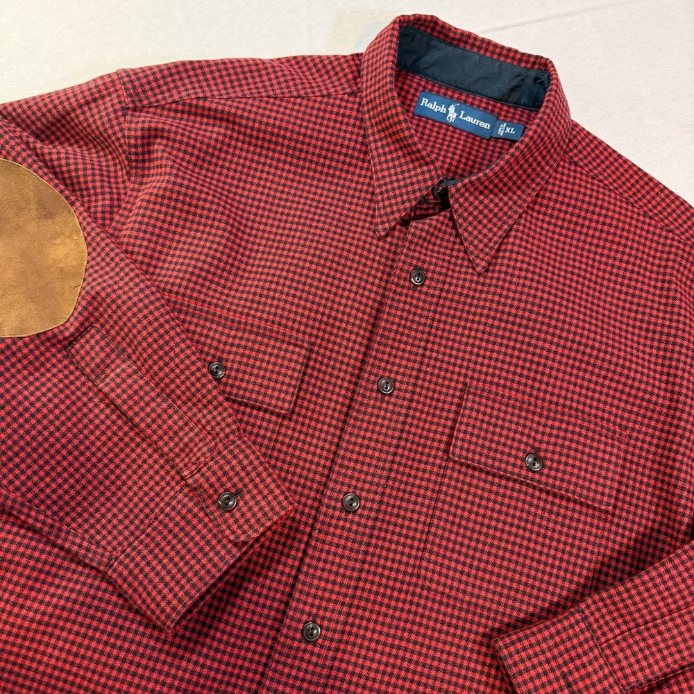 Vintage Polo Ralph Lauren Shirt XL Mini Gingham Flannel Button Up Elbow Patches